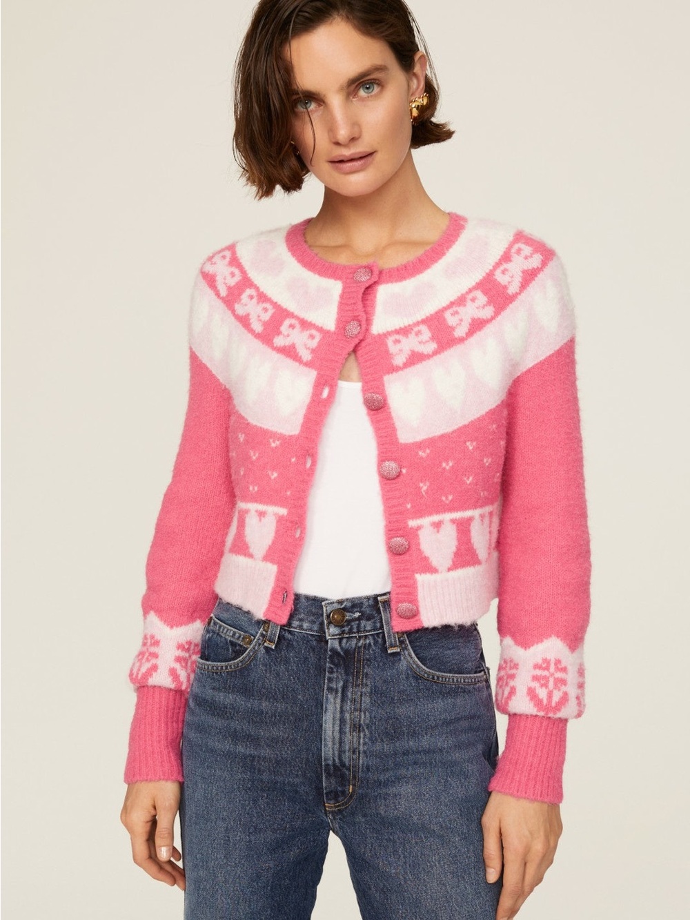 LoveShackFancy Pink and White Cropped Cardigan Sweater - Picture 5 of 7
